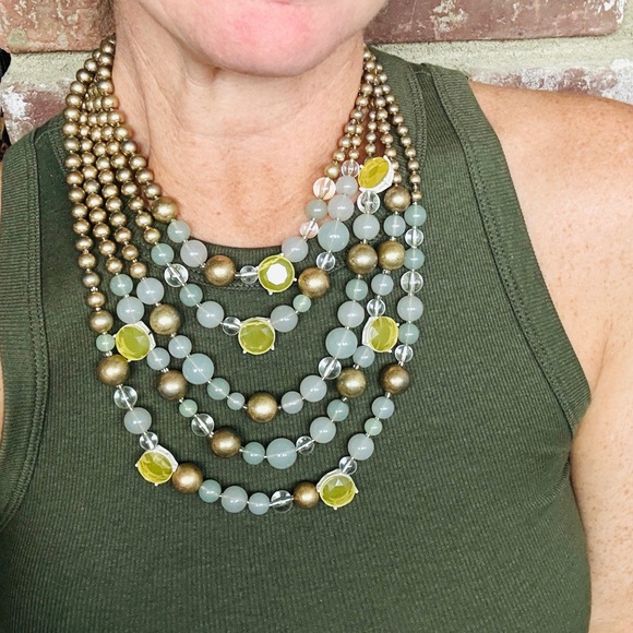 Vintage tiered necklace beaded multistrand bronze pastel blue metallic 5 strands - Picture 4 of 7